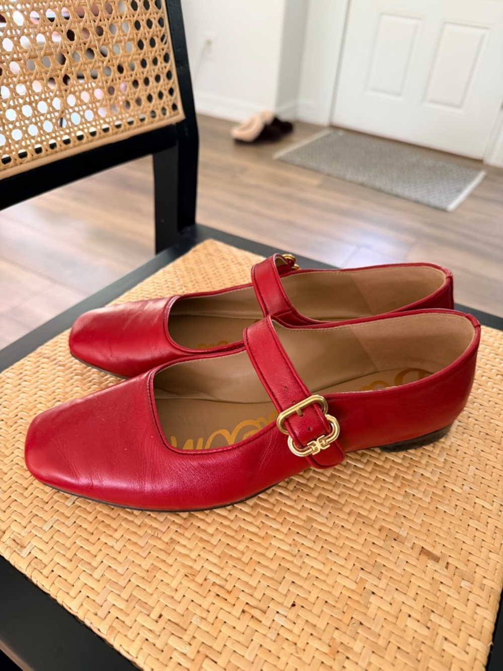Sam Edelman Red Leather Mary Jane Flats with Gold Buckle - Picture 2 of 7
